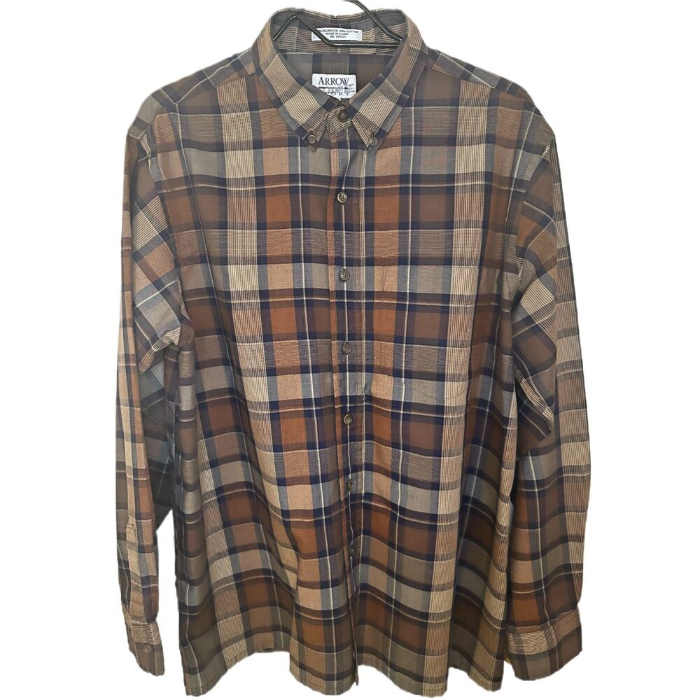 Perfect for Fall Vintage ARROW Sport Men's Large Brown Plaid Shirt